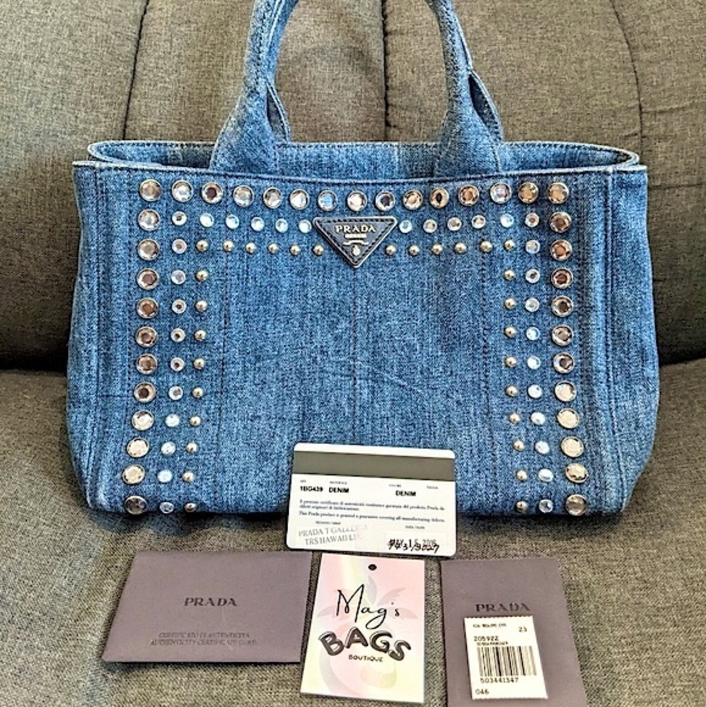 Prada: Denim Rhinestone Bijoux Canapa Crossbody Tote Bag ๐ - Picture 3 of 17